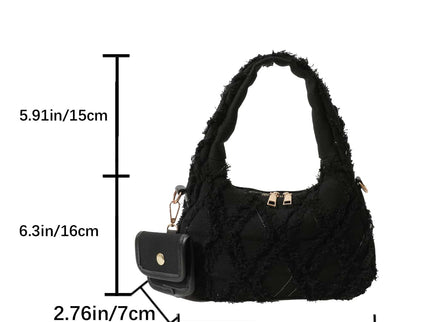 dimension sac noir style effilochee brodee pose sur manteau style affaire ouverture fermeture eclair contenance