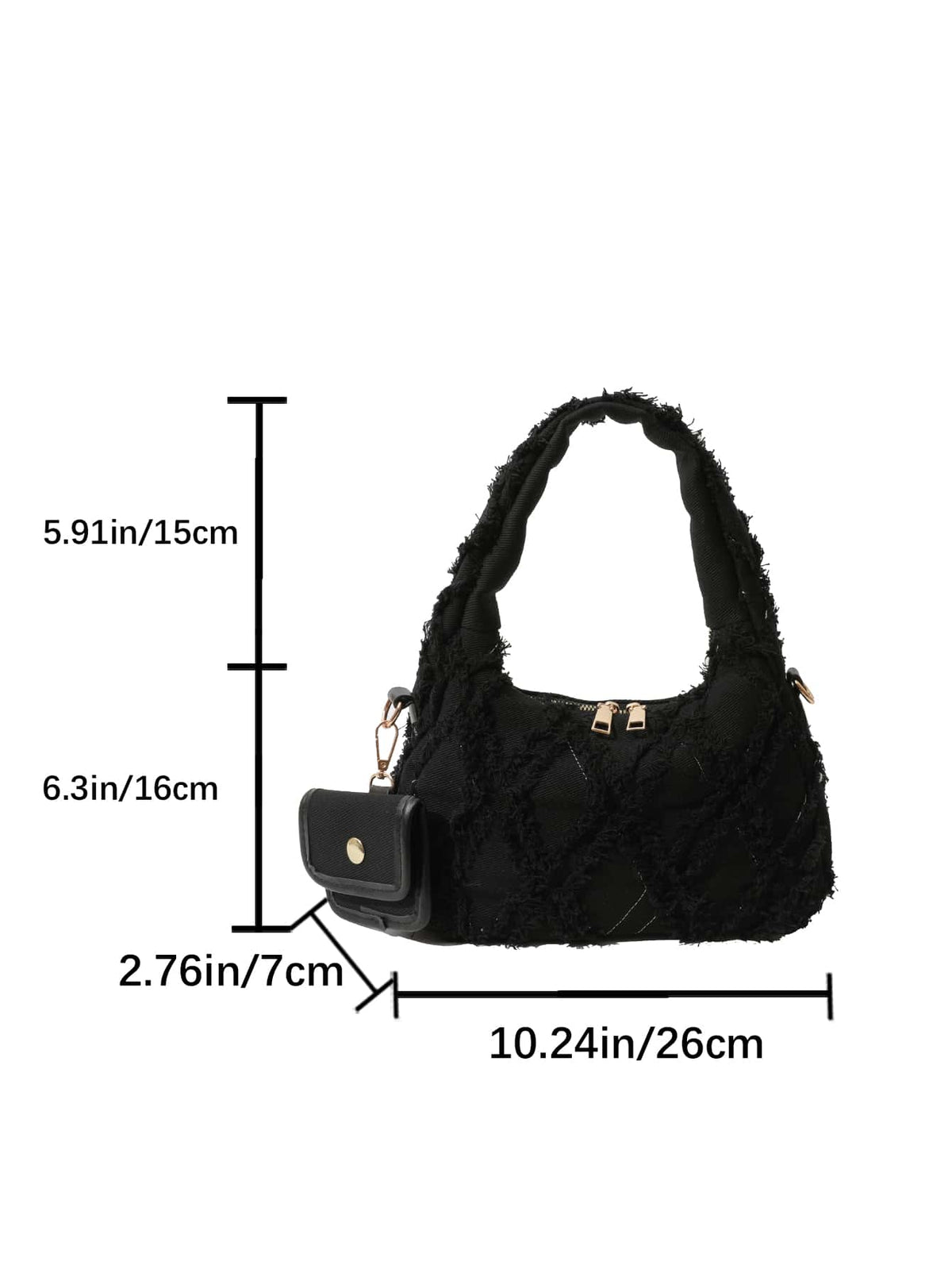 dimension sac noir style effilochee brodee pose sur manteau style affaire ouverture fermeture eclair contenance