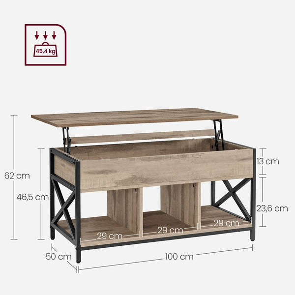 dimensions de la table basse RALU 100x50 cm, hauteur réglable jusqu’à 62 cm