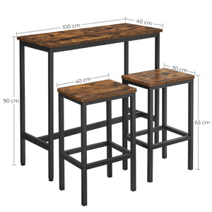 dimensions de la table haute HALU et des tabourets, vue technique sur fond blanc

