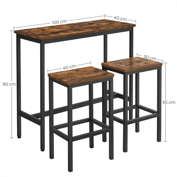 dimensions de la table haute HALU et des tabourets, vue technique sur fond blanc

