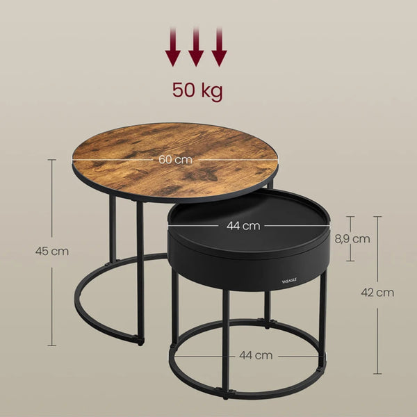 dimensions des tables basses JALI, modèle gigogne bois rustique et métal noir