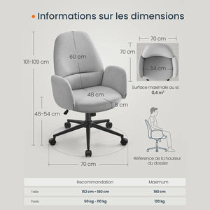 dimensions du fauteuil de bureau BUAR avec assise réglable en hauteur