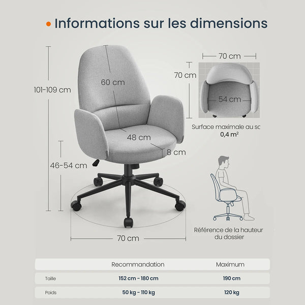 dimensions du fauteuil de bureau BUAR avec assise réglable en hauteur