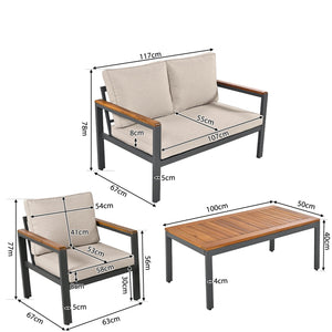 dimensions salon de jardin QALU : canapé 117x67x78 cm, fauteuil 63x67x77 cm, table 100x50x40 cm

