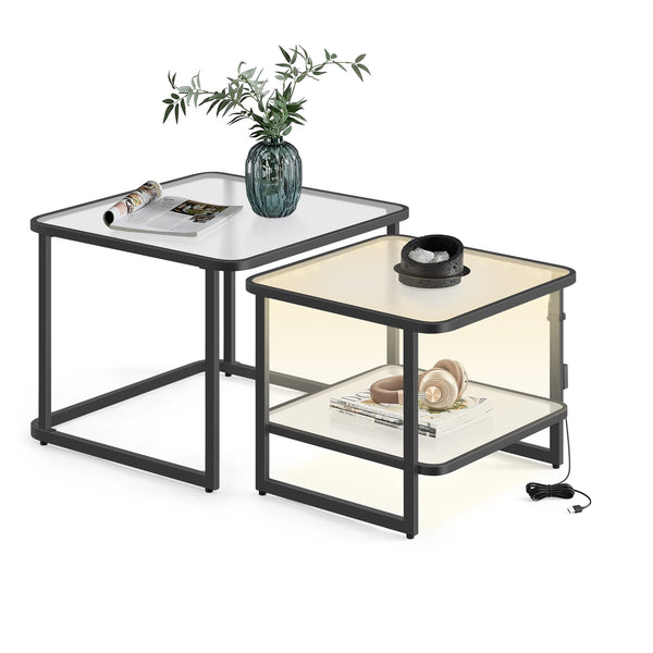 ensemble de deux tables basses carrées gigognes avec éclairage LED