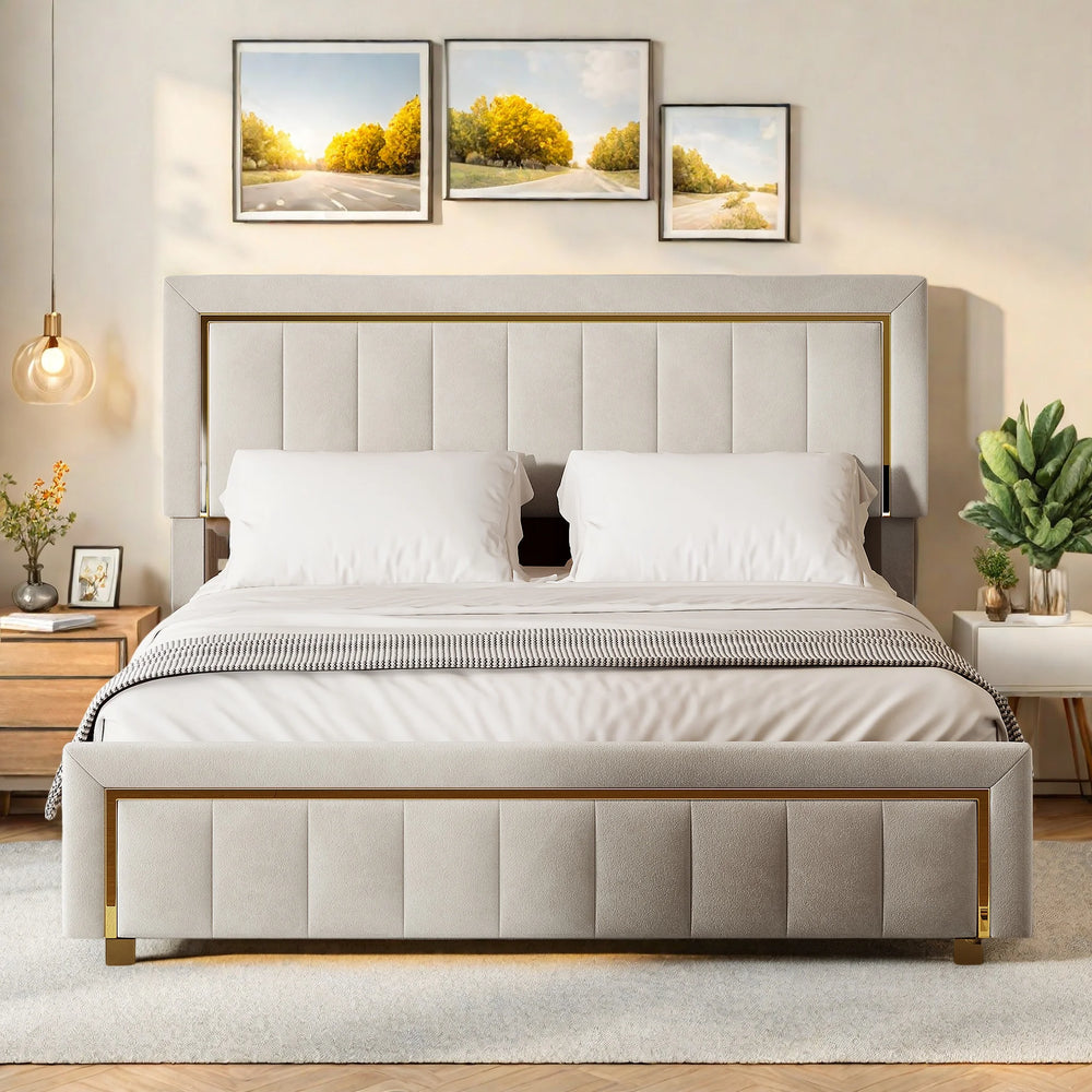 lit adulte moderne avec coffre de rangement en velours beige