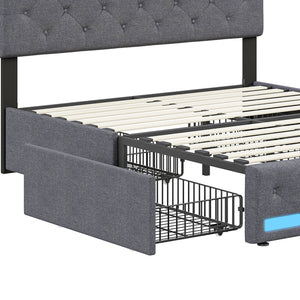lit adulte tissu lin gris avec rangement tiroirs
