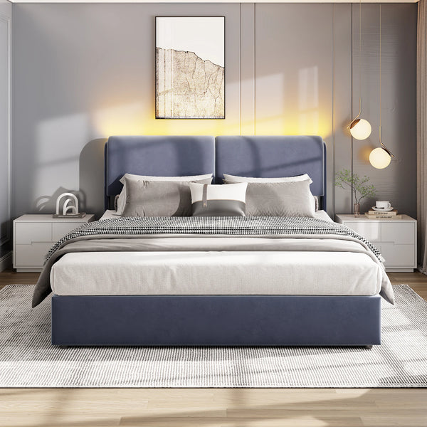 lit coffre 160x200 en velours gris avec tête de lit LED
