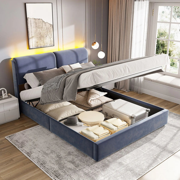 lit coffre 160x200 velours avec tête de lit rembourrée et LED