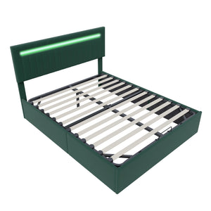 lit coffre LYNO 140x200 cm en velours vert avec LED et rangement