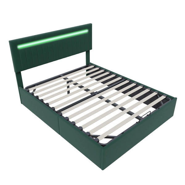 lit coffre LYNO 140x200 cm en velours vert avec LED et rangement