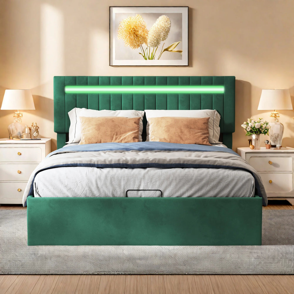 lit coffre LYNO en velours vert avec LED et tête de lit réglable