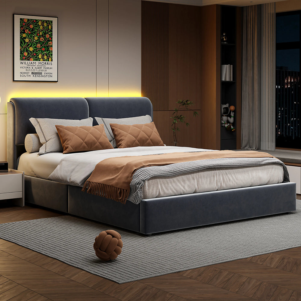 lit coffre adulte en tissu velours capitonné avec éclairage LED