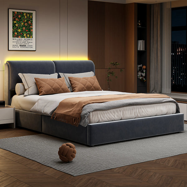 lit coffre adulte en tissu velours capitonné avec éclairage LED
