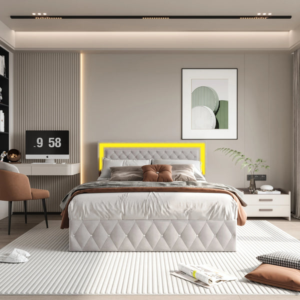 lit coffre en velours beige avec tête de lit réglable