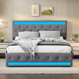 lit coffre gris 160x200 avec LED et 4 tiroirs de rangement