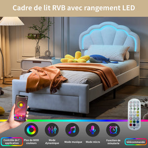 lit design en velours blanc avec éclairage LED télécommande
