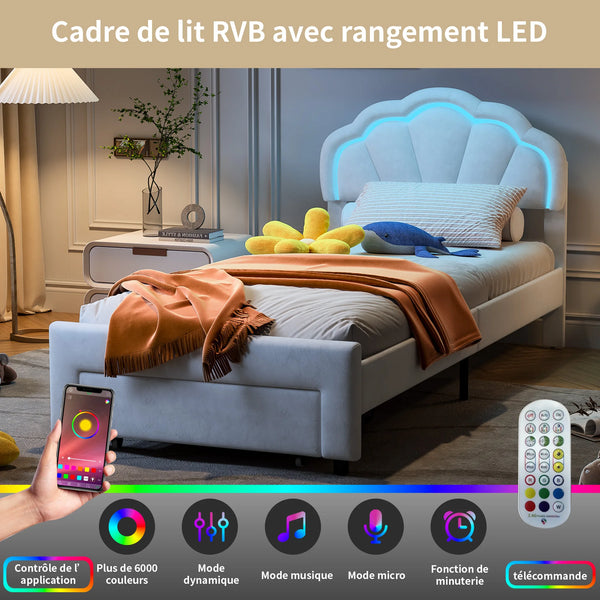 lit design en velours blanc avec éclairage LED télécommande