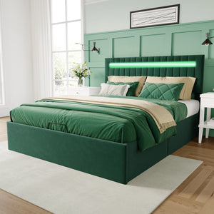 lit design moderne LYNO 140x200 cm en velours vert avec rangement intégré
