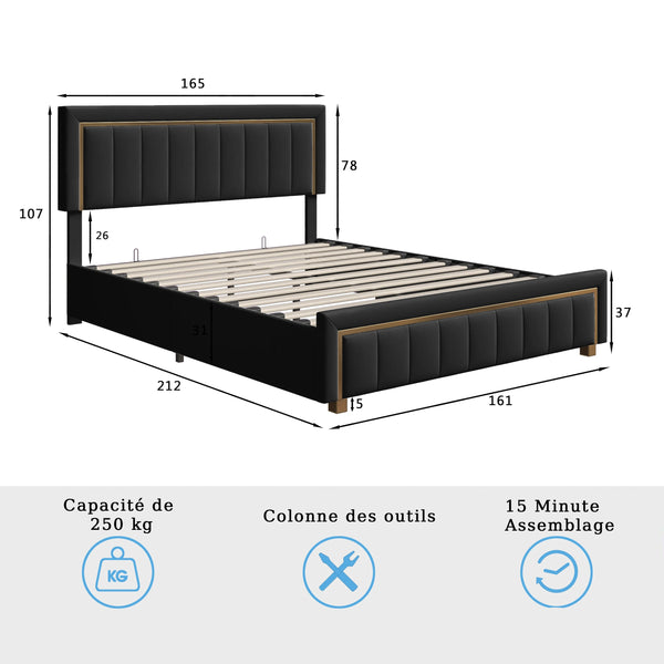 lit double 140x200 cm en velours noir avec coffre de rangement hydraulique LORA