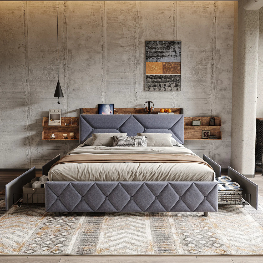 lit double LYNO 160x200 cm velours beige avec tiroirs de rangement