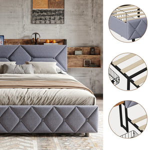 lit double LYNO en velours avec 4 tiroirs spacieux sur roulettes