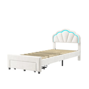lit double NELY en velours blanc avec tête de lit pétale lumineuse