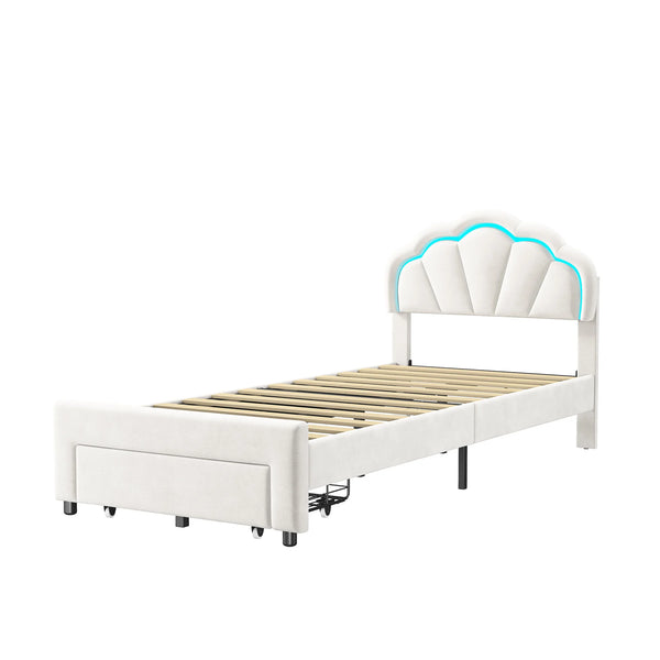 lit double NELY en velours blanc avec tête de lit pétale lumineuse
