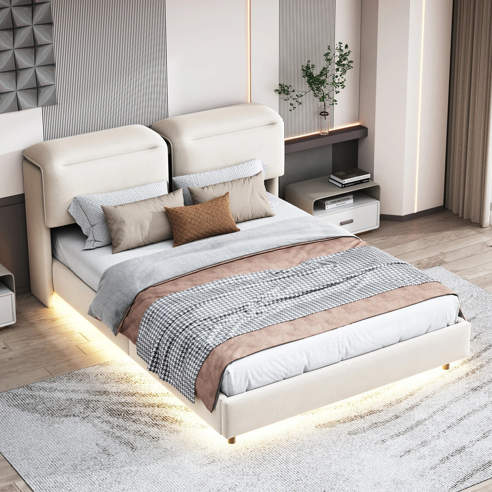 lit double NOXA 160x200 cm velours beige avec LEDs intégrées