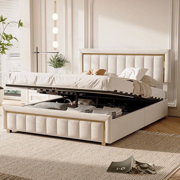lit double beige capitonné avec espace de rangement