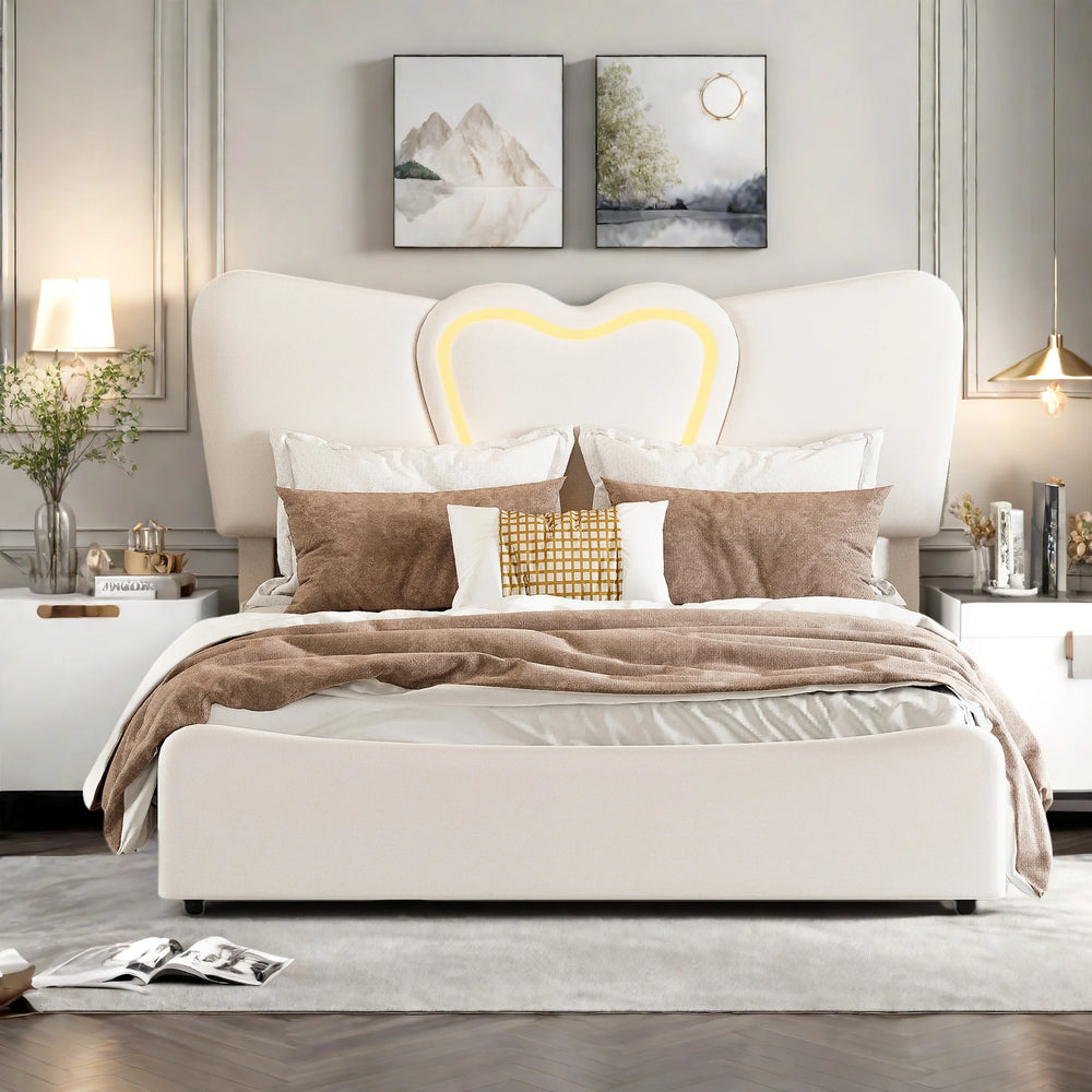 lit double en velours beige avec LED et rangement RONA
