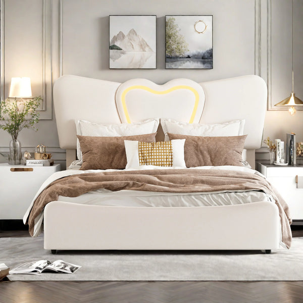 lit double en velours beige avec LED et rangement RONA