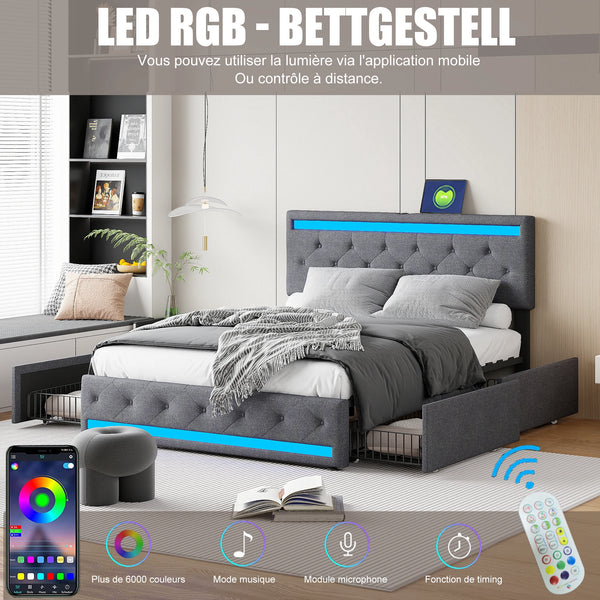 lit double moderne avec ports USB et tête de lit LED