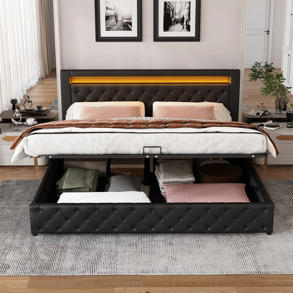 lit double moderne tête rembourrée noir avec rangement coffre