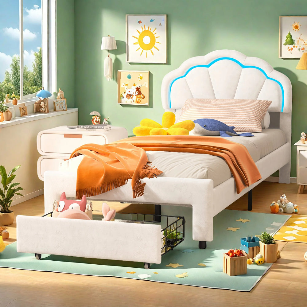 lit enfant NELY en velours blanc avec LED et tiroirs 90x200 cm