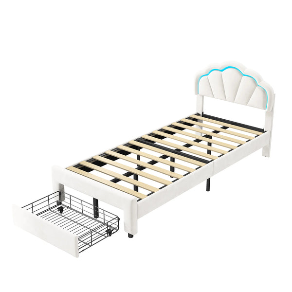 lit enfant fille en velours blanc avec LED colorées et rangement
