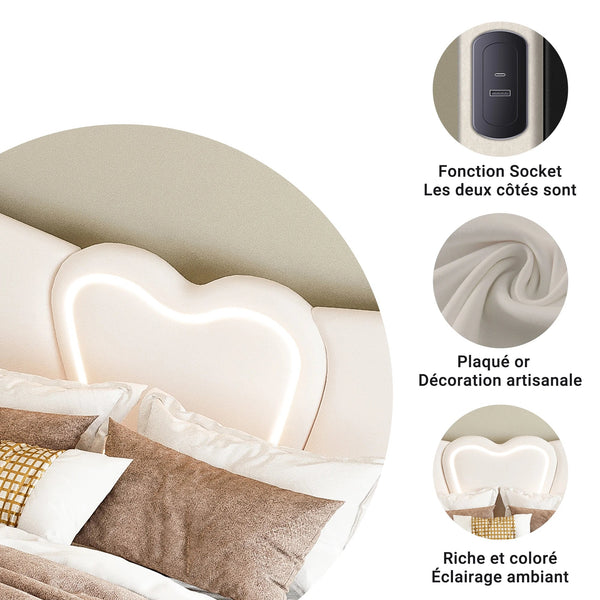 lit moderne velours beige avec USB et LED