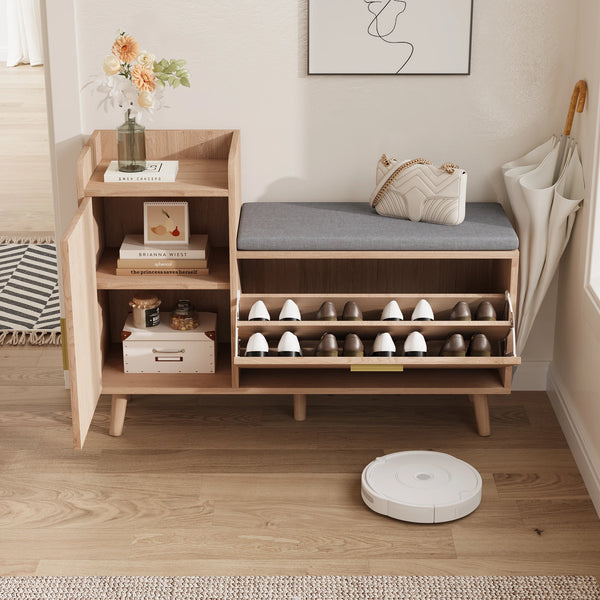 meuble à chaussures moderne NOVA blanc avec coussin gris et portes bois