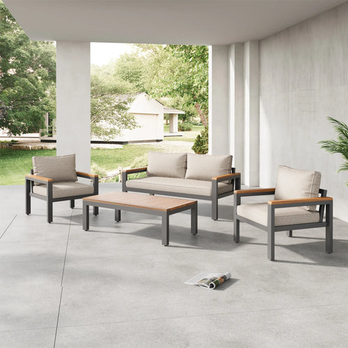 mobilier de jardin beige avec canapé, fauteuils et table basse