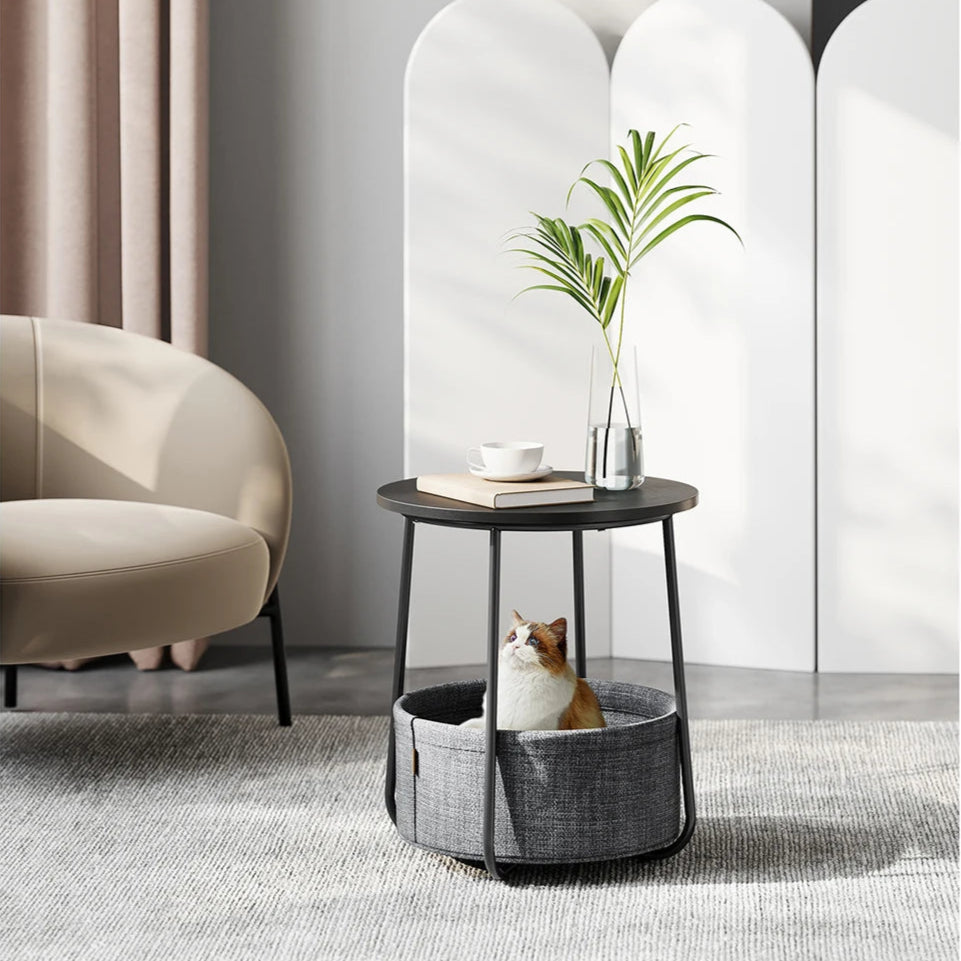 petite table basse ronde RAUO noire avec panier gris

