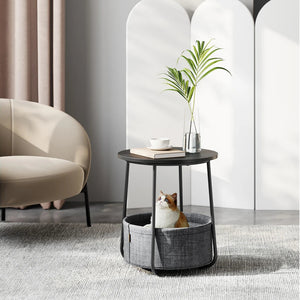 petite table basse ronde RAUO noire avec panier gris

