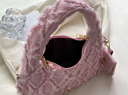 sac a main rose style brodee et efilochee chou avec petite sacoche ouverture fermeture eclair contenance