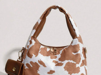 sac a main style tache marron et blanc style animale avec petite sacoche de face 
