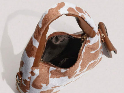 sac a main style tache marron et blanc style animale avec petite sacoche ouverture taille fermeture eclair