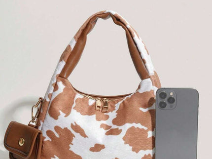 sac a main style tache marron et blanc style animale avec petite sacoche taille représentation avec telephone
