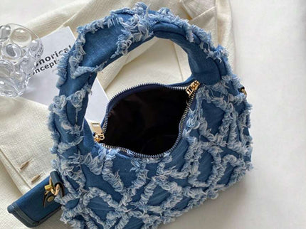 sac bleu brodee effilochee en jeans ouverture fermeture eclair
