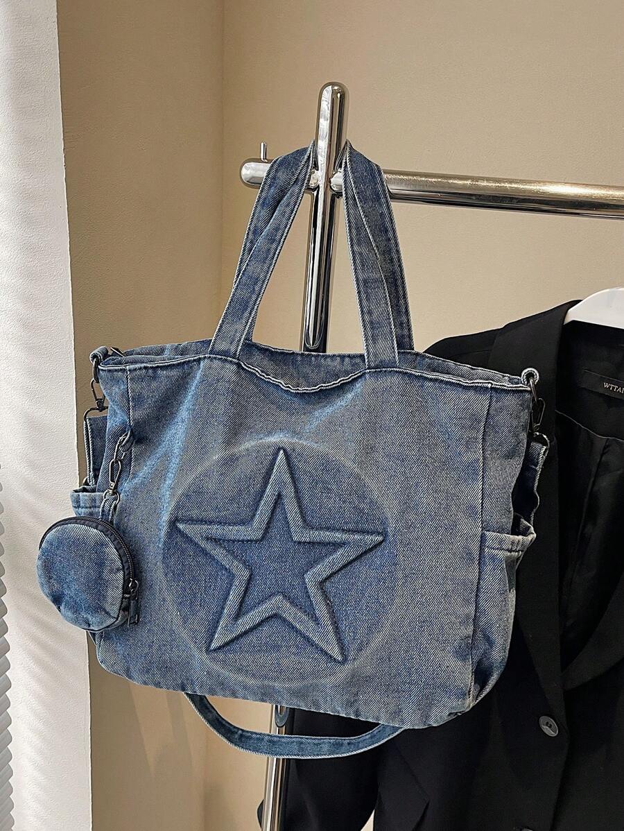 sac cabas bleu en denim pour femme a double sangle accroche a porte habit