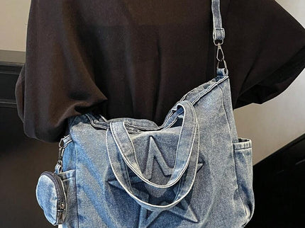 sac cabas bleu en denim pour femme a double sangle depuis derriere
