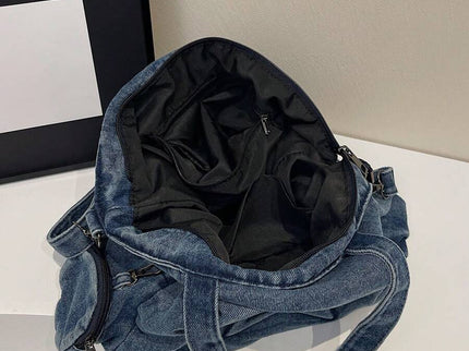 sac cabas bleu en denim pour femme a double sangle ouvert interieur noir contenance